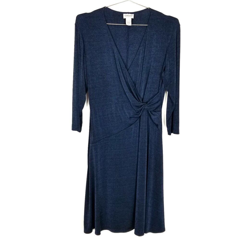 Chicos Women Travelers Blue Metallic Faux Wrap Dress Size L Stretch V-Neck Dress